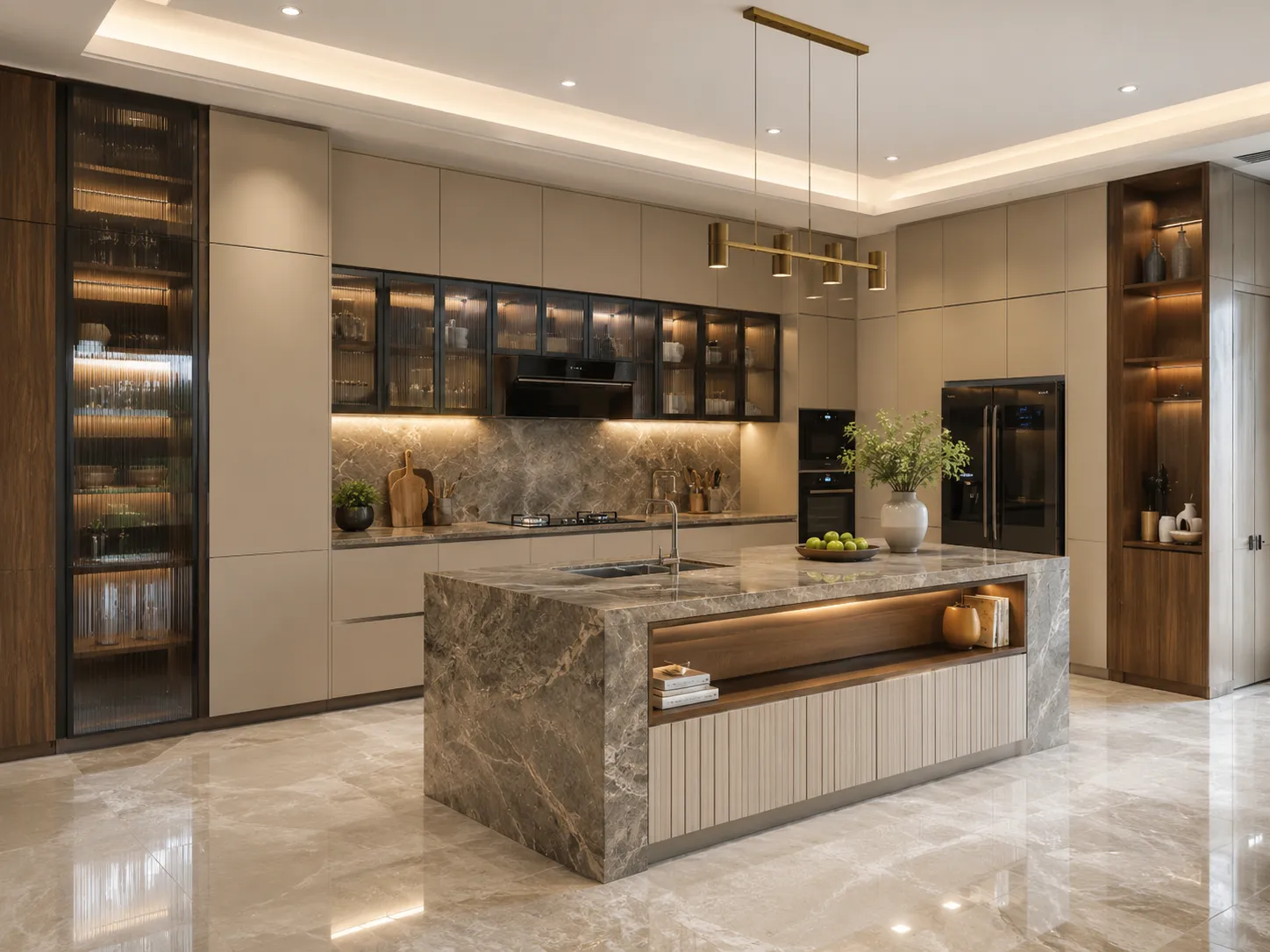 Luxury modular kitchen with beige cabinetry, marble island, and warm wood detailing