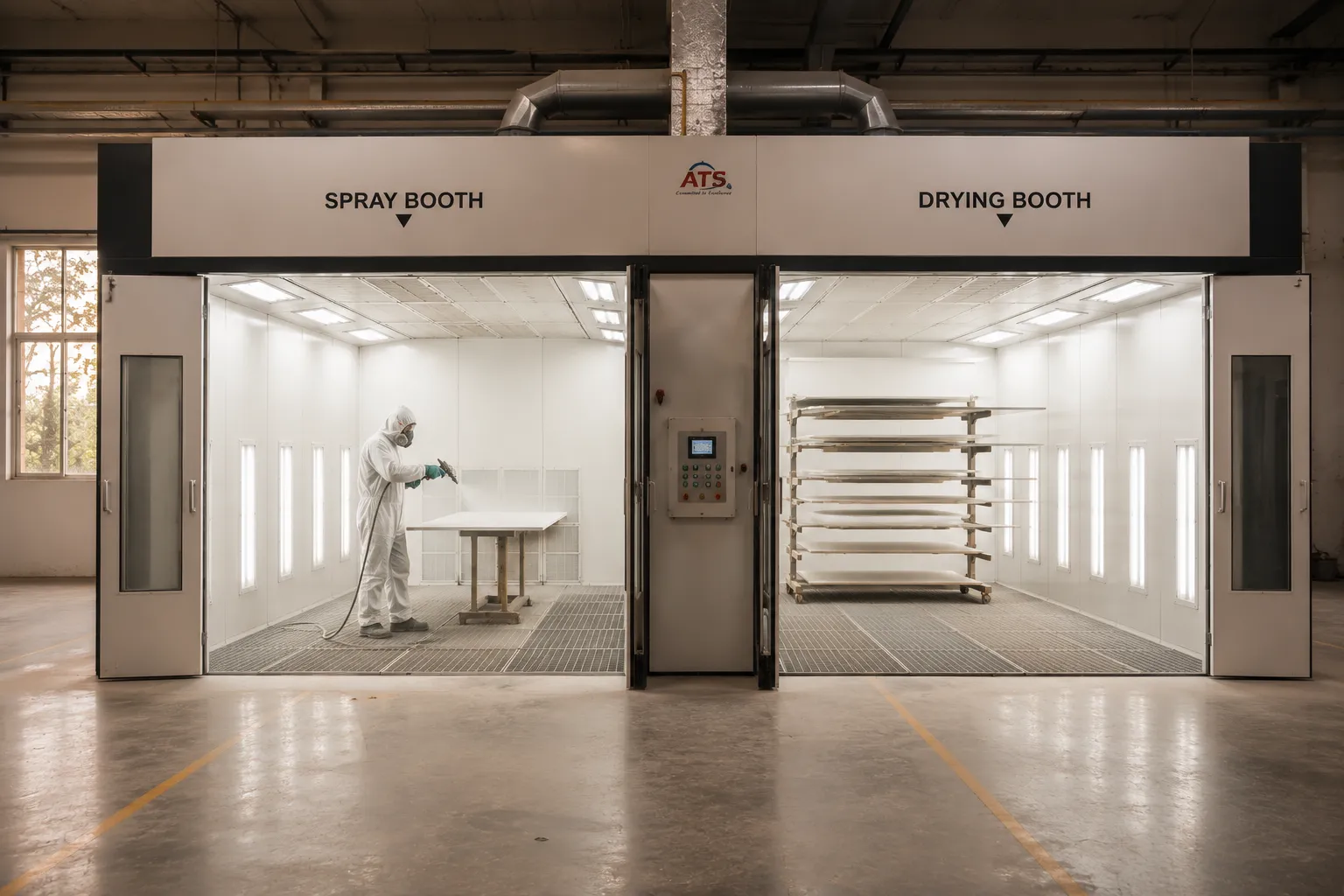 Enclosed spray paint booth with a technician finishing a cabinet shutter