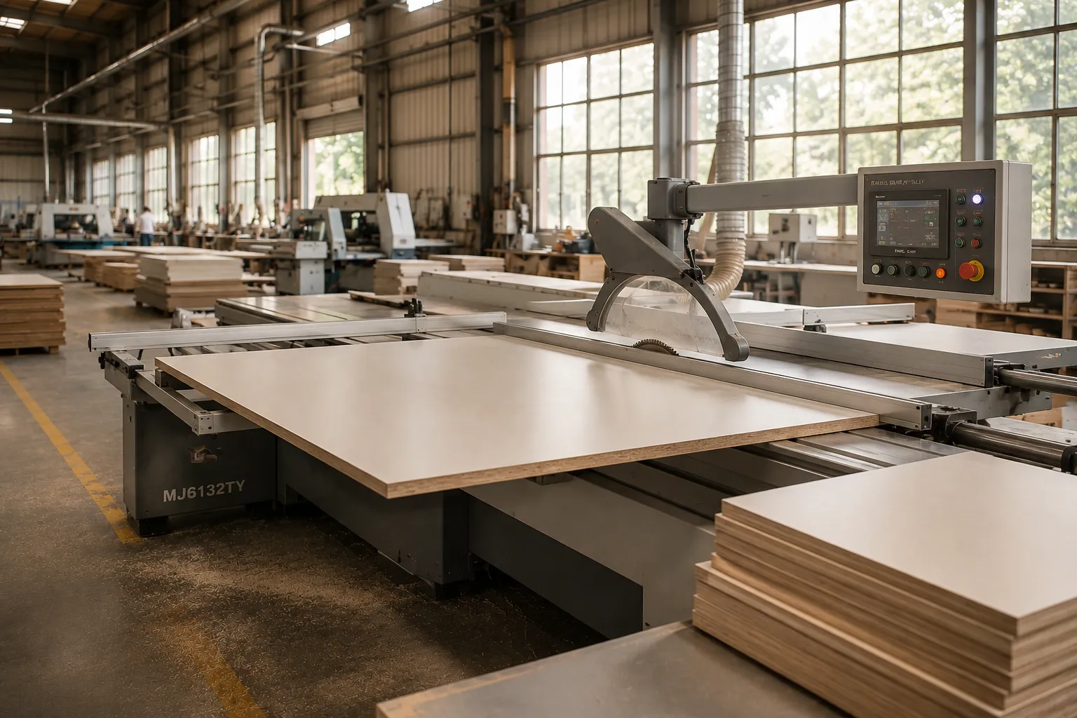 Horizontal beam saw cutting a full laminated board with the pressure beam engaged