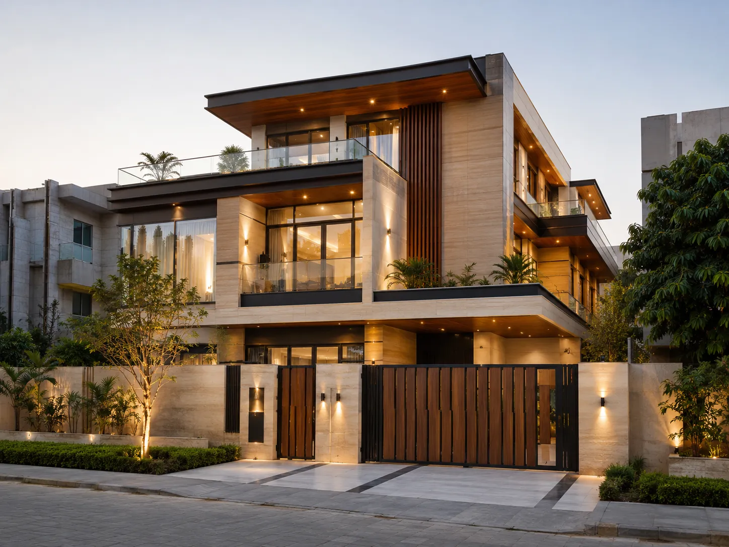 Contemporary luxury villa exterior with warm lighting, stone cladding, and coordinated architectural detailing