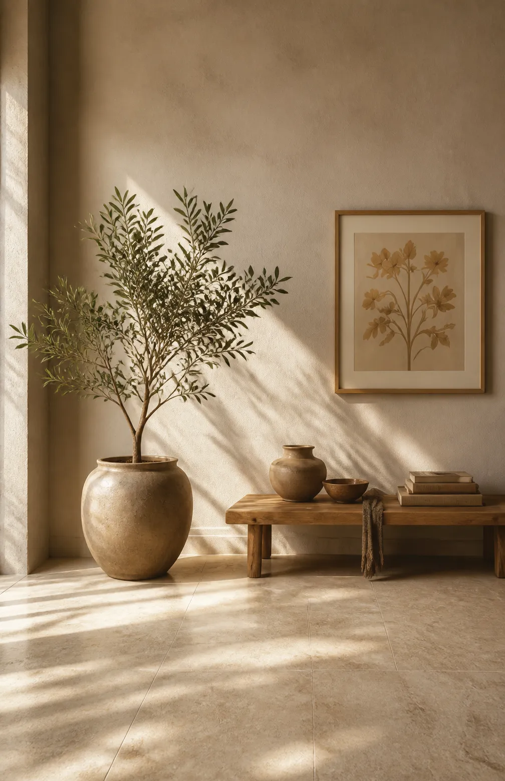 Sunlit interior corner with sculptural indoor plant, low wooden bench, and framed botanical artwork in a portrait composition