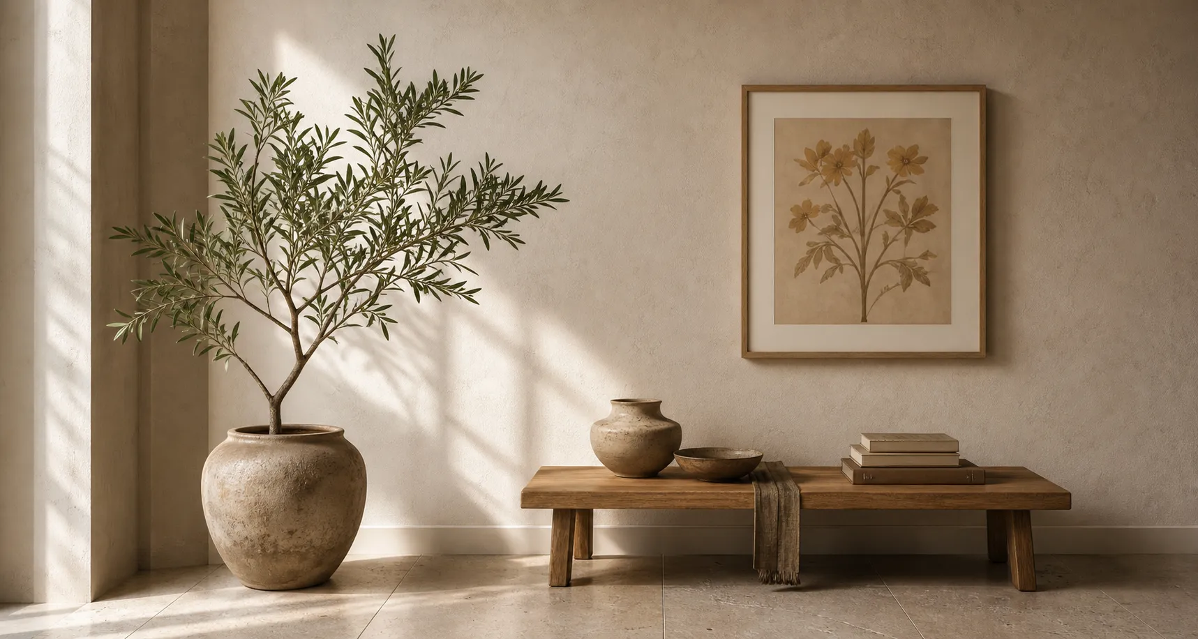 Sunlit interior corner with sculptural indoor plant, low wooden bench, and framed botanical artwork